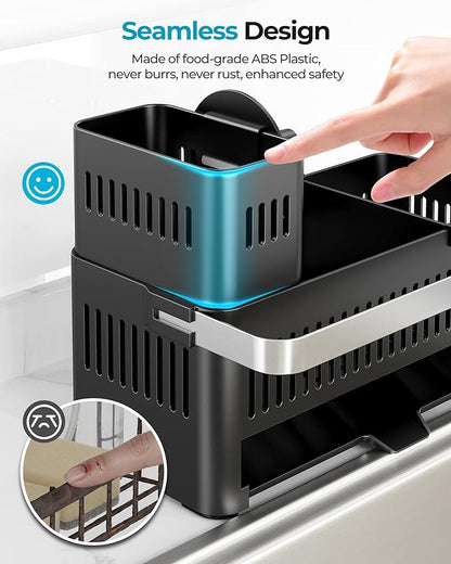 Nieifi Sponge Holder for Kitchen Sink, Sink Caddy with High Brush Holder and Towel Rack, Kitchen Countertop Organizer and Storage Essential (Black with Smiley Face, 10.12″)