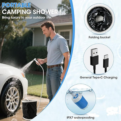 Portable Camping Shower, Outdoor Shower Kit, Hose, Spray Gun & Folding Bucket, Rechargeable Battery Powered Portable Shower for Camping, Hiking, Beach,RV,Pet Cleaning & Road Trips
