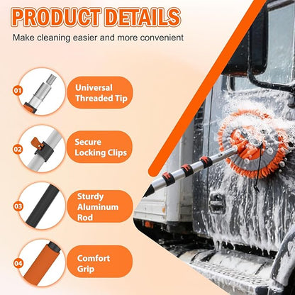SISUPASSIE 16FT Car Wash Brush with Long Handle, Car Cleaning Brush Kit with Soft Bristle Brush, Solar Panel Cleaning Kit, Window Squeegee, Microfiber Mop, Wheel Brush, Mitt for Truck, RV, Boat