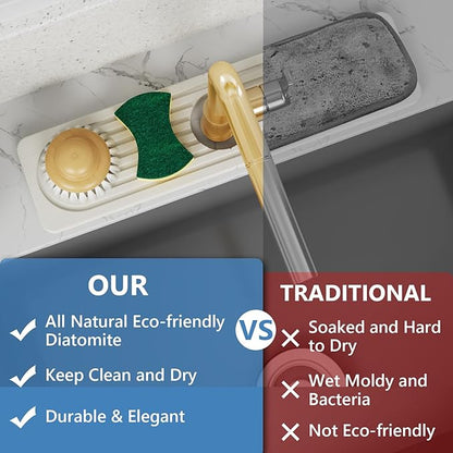 24'' Longer Stone Faucet Mat for Kitchen Sink [Super Absorbent, 30s Quick Drying] Water Absorbing Stone Tray for Sink Stone Mat for Kitchen Sink Stone Quick Dry Around Faucet Diatomite Stone Sink Tray