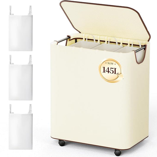 LAMU 145L Laundry Hamper with Wheels, Rolling Laundry Basket with Lid and 3 Removable Laundry Bag, Sturdy Large Capacity 3 Section Dirty Clothes Hamper for Laundry Room, Bedroom, Bathroom, Dorm, Beige