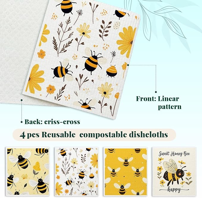 Bee Flower Yellow Swedish Dishcloths for Kitchen, Swedish Dish Cloths for Bee Happy, Papaya Reusable Paper Towels, 4 Pack Dish Towels for Kitchen, Reusable Paper Towels Washable