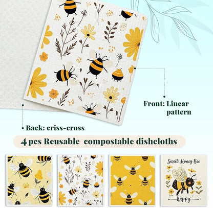 Bee Flower Yellow Swedish Dishcloths for Kitchen, Swedish Dish Cloths for Bee Happy, Papaya Reusable Paper Towels, 4 Pack Dish Towels for Kitchen, Reusable Paper Towels Washable