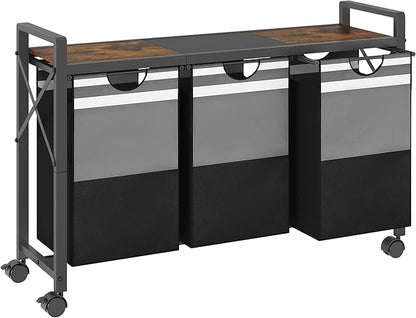 FAVOOSTY Laundry Sorter with Shelf,Laundry Basket Organizer,Laundry Hamper with Shelf, 3 ×11 Gal（50L）3 Section Laundry Sorter with Pull-Out Removable Oxford Fabric Bags and Movable Wheels Grey Black