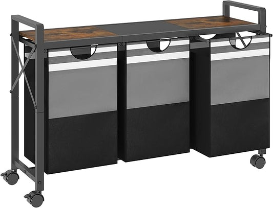 FAVOOSTY Laundry Sorter with Shelf,Laundry Basket Organizer,Laundry Hamper with Shelf, 3 ×11 Gal（50L）3 Section Laundry Sorter with Pull-Out Removable Oxford Fabric Bags and Movable Wheels Grey Black