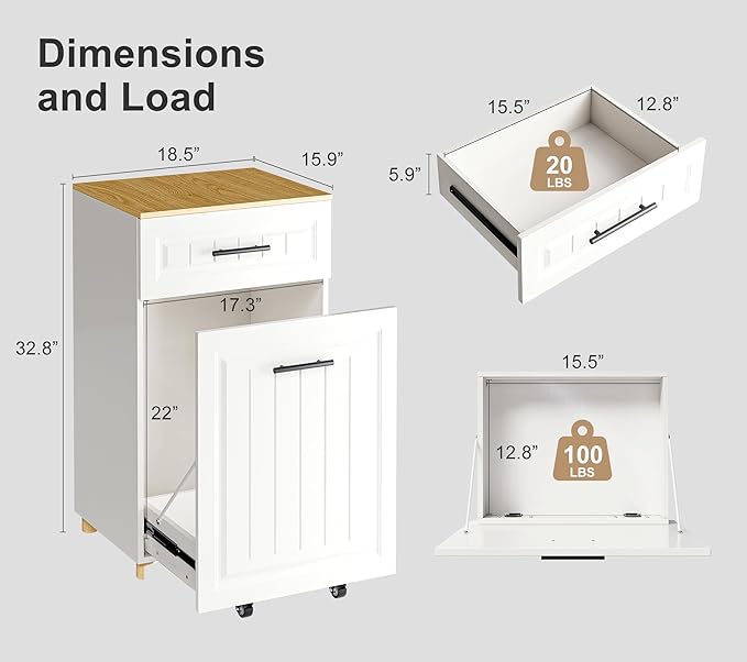 ZIFTY 13 Gallon Pull Out Trash Can Cabinet, Pet Proof Freestanding Kitchen Trash Bin Cabinet with Hideaway Drawer, Wooden Garbage Recycling & Laundry Hamper for Kitchen, Laundry, Living Room, White