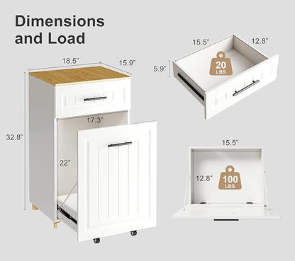 ZIFTY 13 Gallon Pull Out Trash Can Cabinet, Pet Proof Freestanding Kitchen Trash Bin Cabinet with Hideaway Drawer, Wooden Garbage Recycling & Laundry Hamper for Kitchen, Laundry, Living Room, White