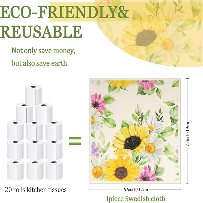 6 - Pack Swedish Kitchen Dish Cloths - Reusable Paper Towels for Counters & Dishes - Eco Friendly Cellulose Sponge Cloth (Sunflower)