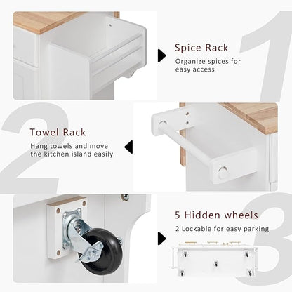 59.3" Kitchen Island with Drop Leaf and Pull Out Trash Can Storage Cabinet, Rolling Kitchen Island Table with Power Outlet, Spice & Towel Rack for Kitchen, Dining, White