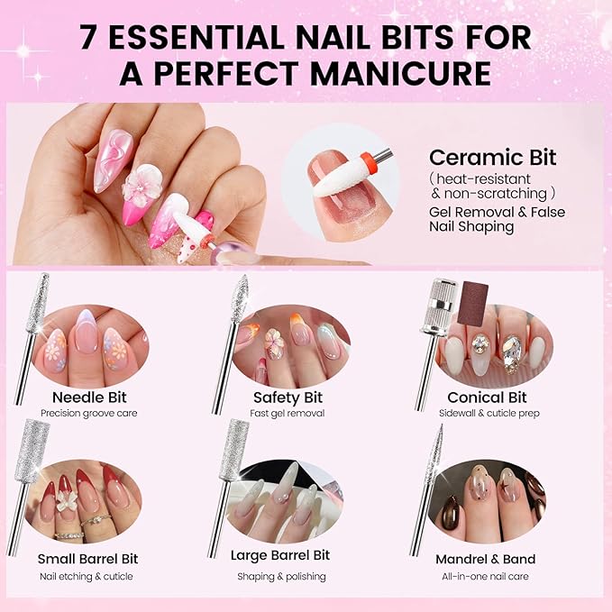 Nail Drill with Dust Collector Kit: 20000RPM Professional Electric Nail File for Acrylic Gel Removal, Manicure Pedicure Polishing, Complete Nail Tool Set in Cosmetic Bag for Home DIY Beginners (Pink)