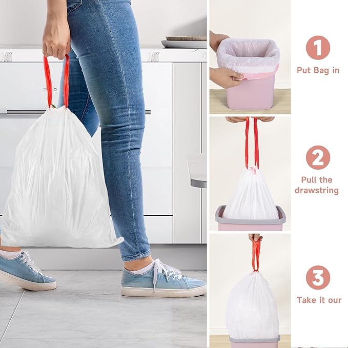 Drawstring Smal Trash Bags 1.6-Gallon - Clear White 125 Count Mini Bulk Disposable Garbage Bag Strong Thick Tiny Plastic Can Liners for Kitchen Bathroom Office Car Waste Basket No Scent