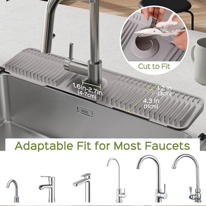 24 Inch Silicone Faucet Mat for Kitchen Sink Splash Guard – 2025 Upgraded Draining Mat with Water Tray Behind Faucet – Countertop Protectors to Catch Spills (Gray, 24" x 5.5" )