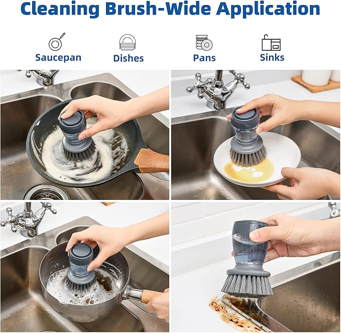Dish Brush with Soap Dispenser, Kitchen Dish Scrubbers Set with Draining Tray for Washing Dishes/Pots, Grey, Set of 2