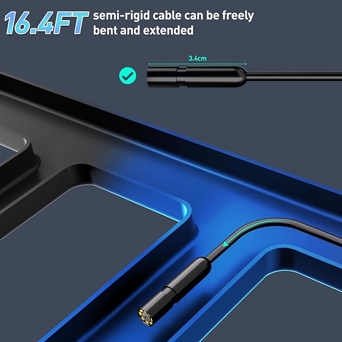 Endoscope Camera with Light, 16.4ft Semi-Rigid Snake Inspection Camera, 1920P HD Borescope with 8 Adjustable LED Lights, 7.9mm IP67 Waterproof Drain Pipe Borescope for iOS and Android