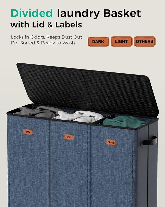 3 Bin Laundry Hamper 185L, Large Laundry Hamper with Lid, Dirty Clothes Hamper with 3 Detachable Washing Bags, Foldable Laundry Basket Organizer for Bedroom, Laundry Room