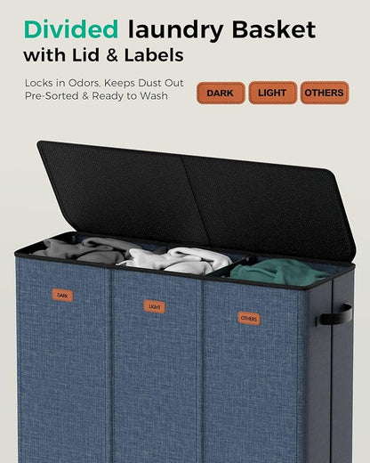 3 Bin Laundry Hamper 185L, Large Laundry Hamper with Lid, Dirty Clothes Hamper with 3 Detachable Washing Bags, Foldable Laundry Basket Organizer for Bedroom, Laundry Room