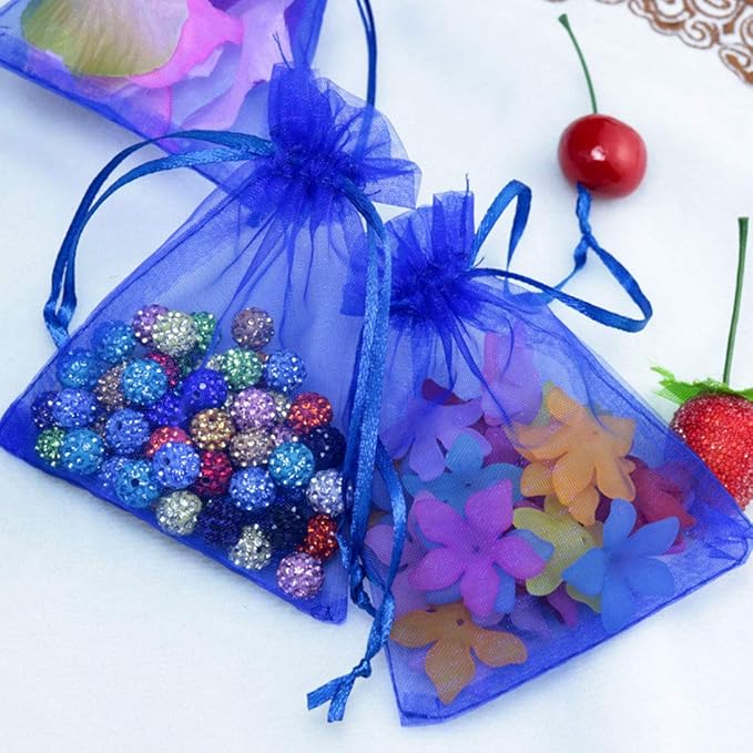 Pack of 100 5x7 inch Gift Wrap Bags Royal Blue, Organza Sheer Fabric Sturdy Material, Drawstring Organizer for Baby Shower Favor, Celebration, Church, Rose Petals, Cosmetic, Ring, Earring,Watch
