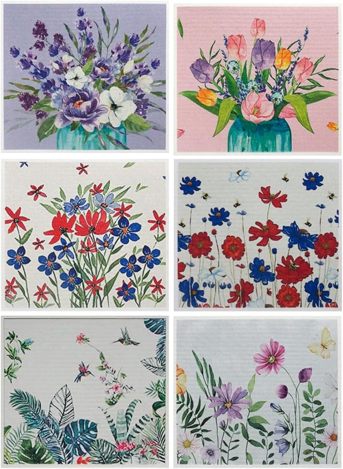Swedish Kitchen Dish Cloths - 6 Pack Reusable Paper Towels for Counters & Dishes - Eco Friendly Cellulose Sponge Cloth (Flower)