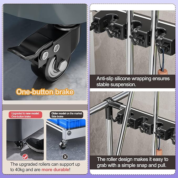 SARKEY Mop Broom Organizer With Wheels,Rolling Janitor Cart With Wheels,Freestanding Housekeeping Storage,With Drip Tray,For Garage,Garden,Schools Hotels,Closet,Cabinet(100x40x96cm(39x16x38in))