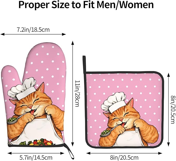 Cat Oven Mitts - Pink Oven Mitts and Pot Holders Sets of 2 Cute Kitten Cooker Kitchen Mitts Hot Pads for Baking Grilling