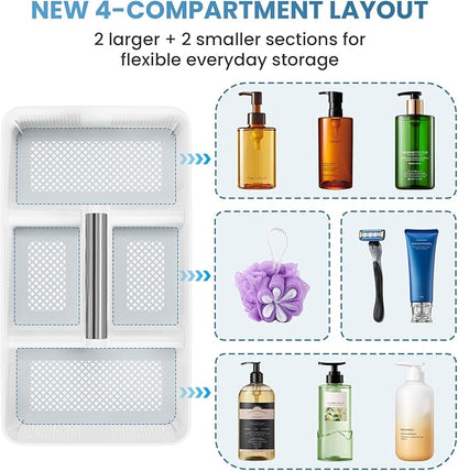 BYUNER 2Pack Plastic Shower Caddy: Portable Shower & Bathroom Caddy Tote with Handle, 4 Divided Compartments, Hard Plastic Shower Basket with All-Side Drainage for College Dorm Room Essentials