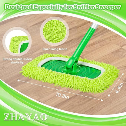 Reusable 100% Chenille Mop Pads Compatible with Swiffer Sweeper, Wet and Dry Flat mop Cover, 3 Pack Washable Pads for Surface/Hardwood Floor Cleaning
