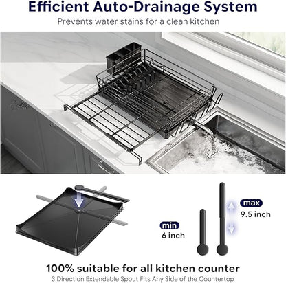 Simple Trending Dish Rack - Adjustable Dish Drying Rack for Kitchen Counter, Large Capacity Dish Drainers, Stainless Steel Dish Strainer with Utensil & Cup Holders, Black