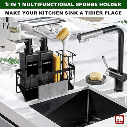 GMISUN Dish Soap Dispenser for Kitchen, 12 fl oz / 350 ml Dual Kitchen Soap Dispensers with Sponge Holder, Transparent Black Glass Kitchen Soap Dispenser Set, Modern Hand and Dish Soap Bottle Set