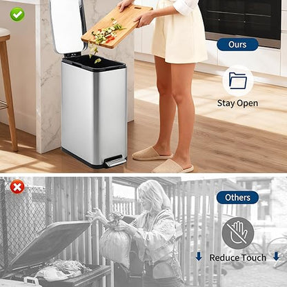 13-Gallon Kitchen Trash Can, 50-Liter Slim Stainless Steel Pedal Trash Bin, Pedal Trash Can with Soft-Close Lid, Fingerprint-Resistant, with Removable Inner Bucket, Suitable for Small Spaces,Bathroom