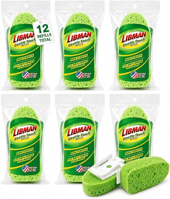 Libman 1131 Gentle Touch Dish Wand Refills, Non-Scratch Cellulose Sponge Heads with Scraper, Fits Libman #1130 Foaming Dish Wand, Made in USA, 12 Refills Total
