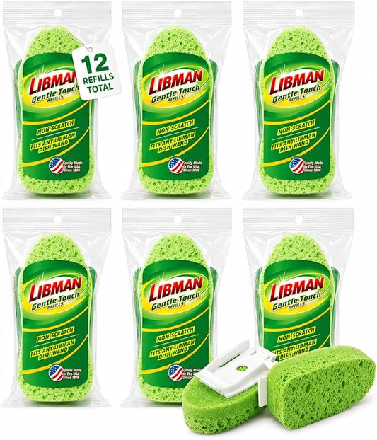 Libman 1131 Gentle Touch Dish Wand Refills, Non-Scratch Cellulose Sponge Heads with Scraper, Fits Libman #1130 Foaming Dish Wand, Made in USA, 12 Refills Total