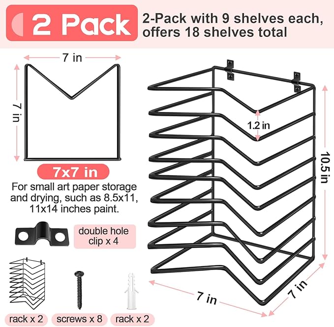 Vowcarol 2 Pack Art Drying Rack for Classroom, 9 Shelves Paint Drying Racks Wall Mount and Desktop Stand