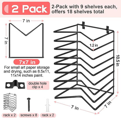 Vowcarol 2 Pack Art Drying Rack for Classroom, 9 Shelves Paint Drying Racks Wall Mount and Desktop Stand