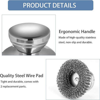 4Pcs Steel Wool Scrubber Set, Stainless Steel Scrubber with Stainless Steel Handle, for Cleaning Dishes, Cast Iron, Stock Pots, Pans, Griddles, Grills