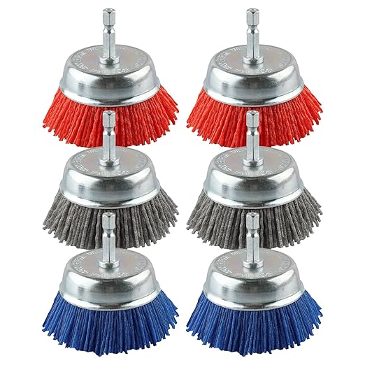 Rocaris 6 Pack Nylon Filament Abrasive Cup Brush Set with 1/4 Inch Hex Shank, for Removal of Rust/Corrosion/Paint - 80 Grit, 120 Grit, 240 Grit