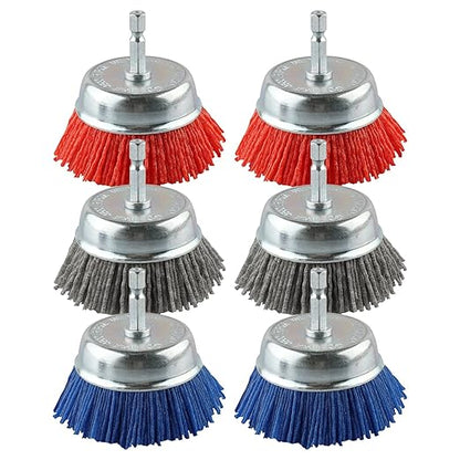 Rocaris 6 Pack Nylon Filament Abrasive Cup Brush Set with 1/4 Inch Hex Shank, for Removal of Rust/Corrosion/Paint - 80 Grit, 120 Grit, 240 Grit