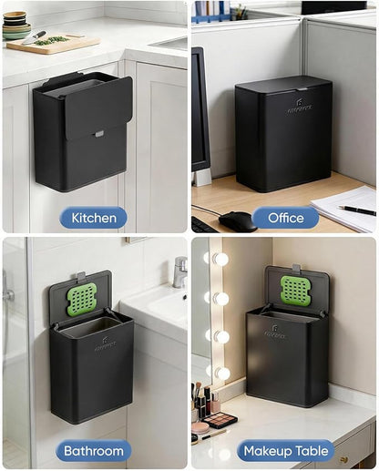Kitchen Compost Bin, 10L/2.6G Trash Can with Lid, Slim Stainless Steel Hanging Garbage Bin for Kitchen, Bathroom, Bedroom, Office, Wall Mounted Compost Bin with Inner Bucket, Black