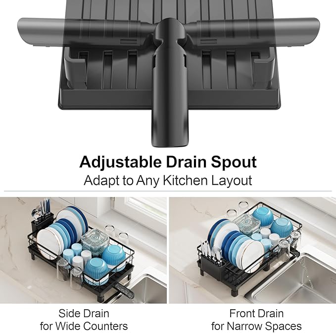 GSlife Expandable Dish Drying Rack for Kitchen Counter, 12-20.5 Inch Compact Dish Rack with Drainboard, Swivel Spout, Cup & Utensil Holder, Rust-Resistant Dish Drainer for Small Kitchen, RV, Black