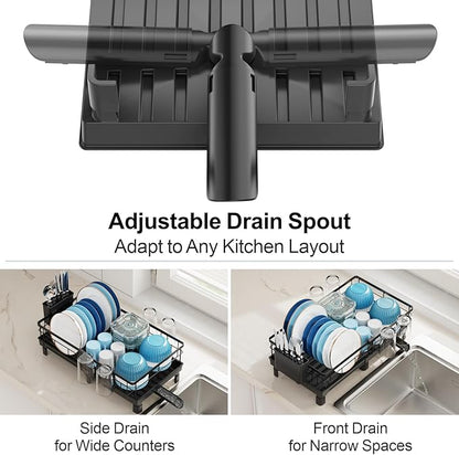 GSlife Expandable Dish Drying Rack for Kitchen Counter, 12-20.5 Inch Compact Dish Rack with Drainboard, Swivel Spout, Cup & Utensil Holder, Rust-Resistant Dish Drainer for Small Kitchen, RV, Black