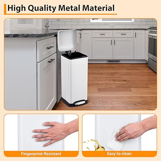 Garvee 8 gal/30 L Kitchen Trash Can, Fingerprint-Proof Stainless Steel Garbage Can with Soft-Close Lid, Recycle Bin with Removable Inner Buckets and Foot Pedal for Office Bedroom Bathroom, White