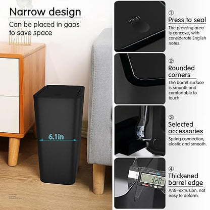 2.65-gallon/10-liter Push-Button Trash can with lid + 100 Trash Bags. Features pet-Proof, Odor-Proof, and Quiet-Closing Functions; Suitable for bedrooms, bathrooms, Kitchens, and Offices (Black)