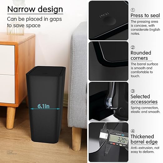 2.65-gallon/10-liter Push-Button Trash can with lid + 100 Trash Bags. Features pet-Proof, Odor-Proof, and Quiet-Closing Functions; Suitable for bedrooms, bathrooms, Kitchens, and Offices (Black)