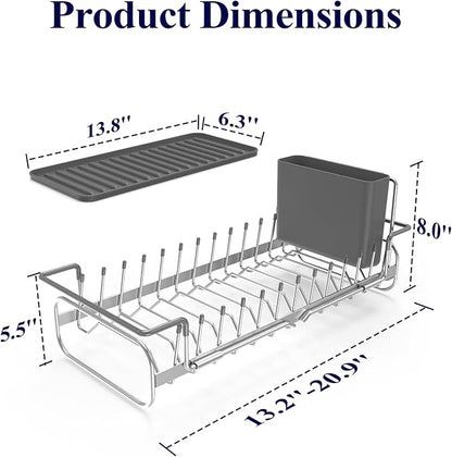 Kitsure Dish Drying Rack - Expandable Dish Rack for Kitchen Counter, Over Sink Or in Sink, Space-Saving Plates Dryer with Cutlery Holder & Drip Tray, 14.0"-20.9" L x 6.3" W x 8.0" H, Sliver