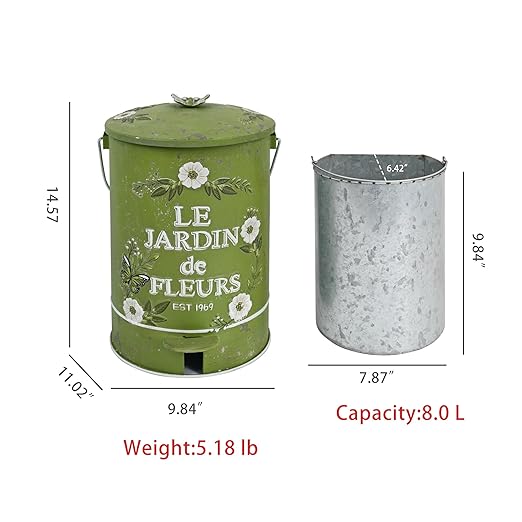 Rustic Farmhouse Decor Trash Can with Lid and Pedal Retro Handmade Distressed Design Pattern Round Garbage Cans Recycling Waste Bin for Home Patio Yard Bathroom Kitchen Garden Living Room Green