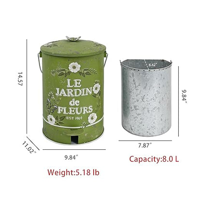 Rustic Farmhouse Decor Trash Can with Lid and Pedal Retro Handmade Distressed Design Pattern Round Garbage Cans Recycling Waste Bin for Home Patio Yard Bathroom Kitchen Garden Living Room Green