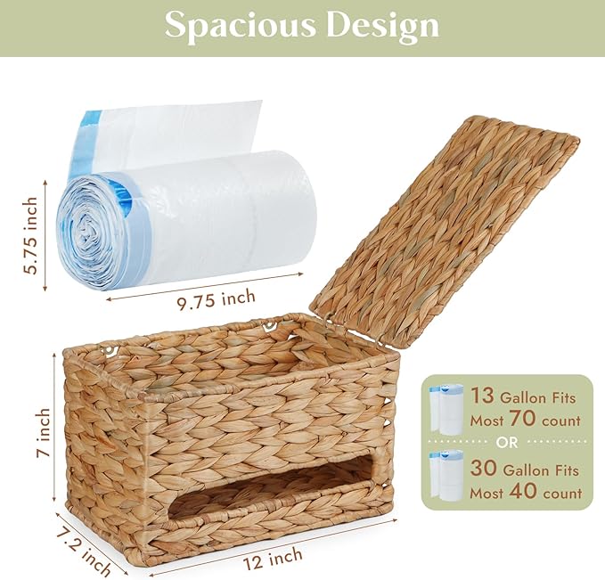 YANGQIHOME Trash Bag Dispenser with Lid, Water Hyacinth Plastic Bag Holder & Grocery Bag Holder for Kitchen, Cabinet and Countertop