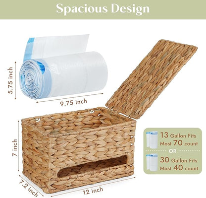 YANGQIHOME Trash Bag Dispenser with Lid, Water Hyacinth Plastic Bag Holder & Grocery Bag Holder for Kitchen, Cabinet and Countertop