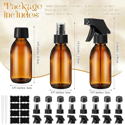 Honeydak 8 Set 4 oz Amber Glass Spray Bottles Kit Small Empty Spray Bottle for Essential Oil Mini Fine Mist Spray Bottle with Nozzle Dropper Label Refillable Container for Cleaning Solutions Skin Care