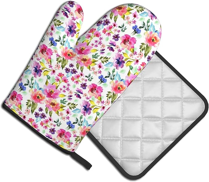 Floral Oven Mitts and Pot Holders Sets Spring Summer Kitchen Mitts Colorful Blossom Potholders 2PCS Wildflower Oven Gloves Hot Pads for Kitchen Baking Cooking