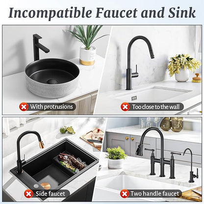 PoYang 24 inch Faucet Mat for Kitchen Sink Splash Guard, 7° Slope Silicone Sink Water Splash Guard for Kitchen Sink Area with Snap Button, Longer Sink Protectors for kitchen Sink Sponge Holder, Black